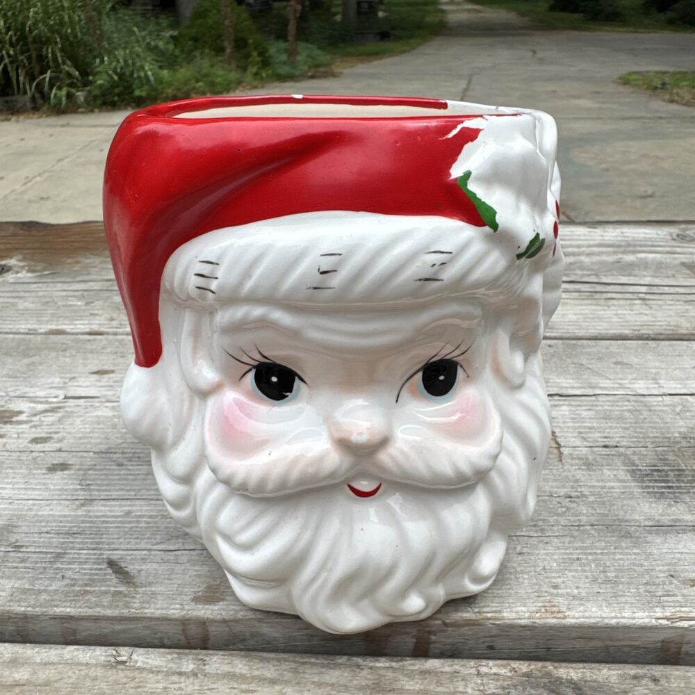 Vintage Ceramic Santa Head Planter Christmas Vase No Handle Holly 6 In